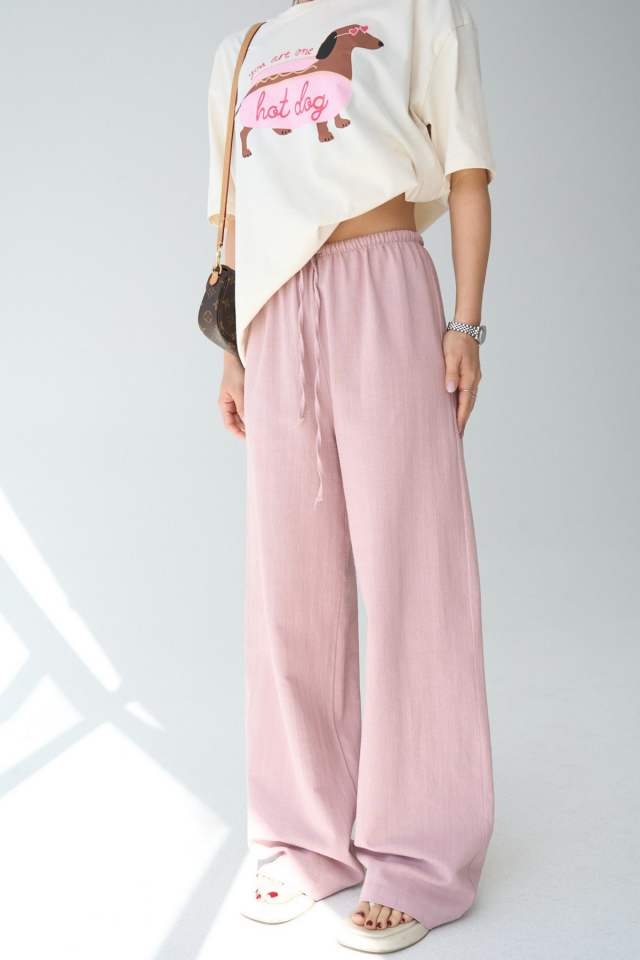 Women's Linen Textured Lace-Up Trousers Powder - L