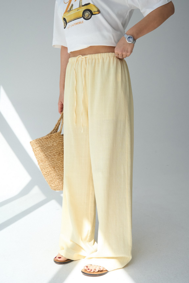 Women's Linen Textured Lace-Up Trousers Yellow - L
