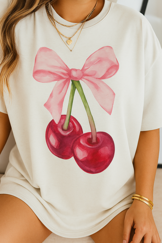 Women's Cream Crew Neck Cherry Printed Oversize T-Shirt Cream - L