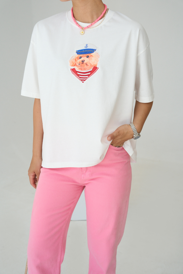 Women's Cream Crew Neck Dog Printed Oversize T-Shirt Cream - L