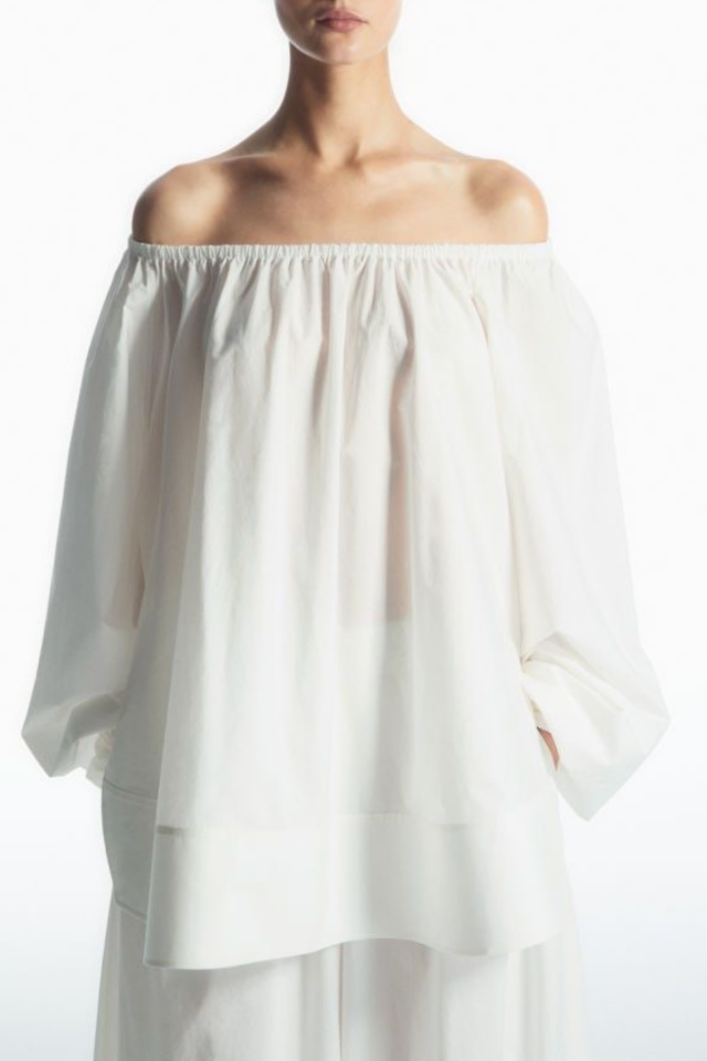 Kadın Beyaz Omuzları Açık Oversize Poplin Bluz Standart
