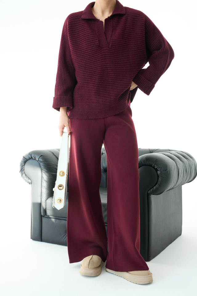 Kadın Polo Yaka Kol Detaylı Oversize Kazak Bordo - Standart