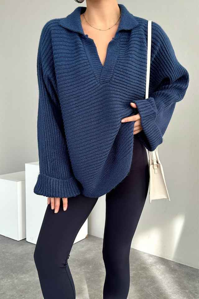 Kadın Polo Yaka Kol Detaylı Oversize Kazak İndigo - Standart