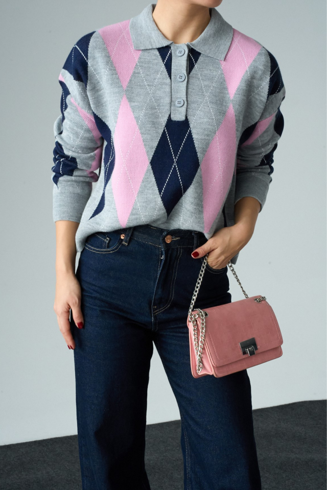 Kadın Polo Yaka Baklava Desenli Oversize Kazak Pembe - Standart