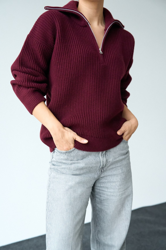 Kadın Fermuar Yaka Fitilli Oversize Kazak Bordo - Standart