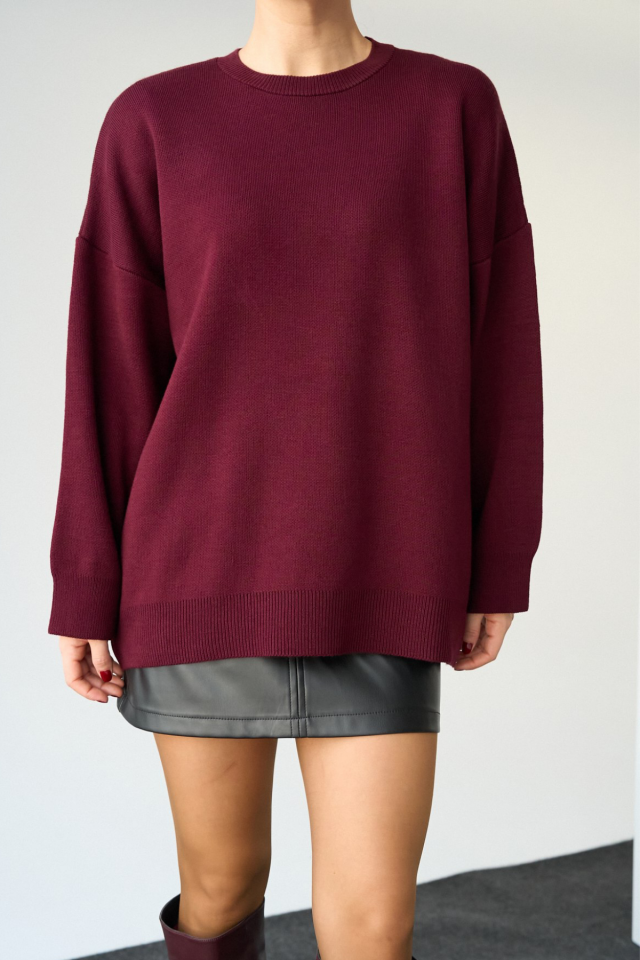 Kadın Bisiklet Yaka Basic Oversize Kazak Bordo - Standart