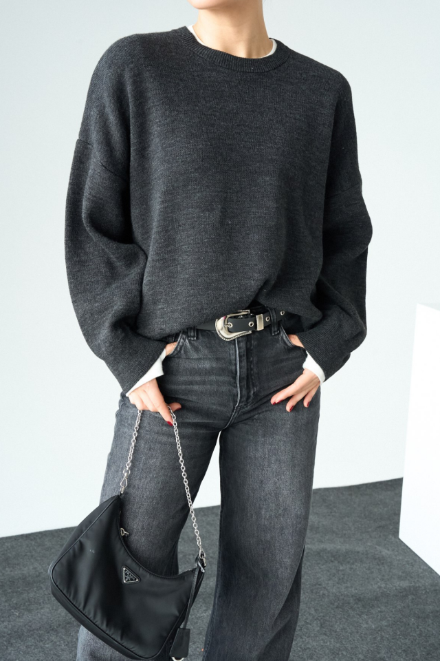 Kadın Bisiklet Yaka Basic Oversize Kazak Koyu Antrasit - Standart