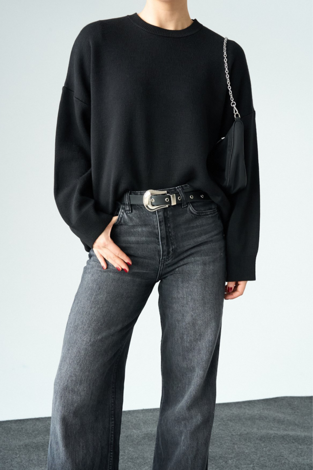 Kadın Bisiklet Yaka Basic Oversize Kazak Siyah - Standart