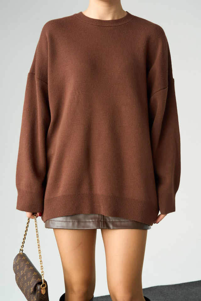 Kadın Bisiklet Yaka Basic Oversize Kazak Kahverengi - Standart