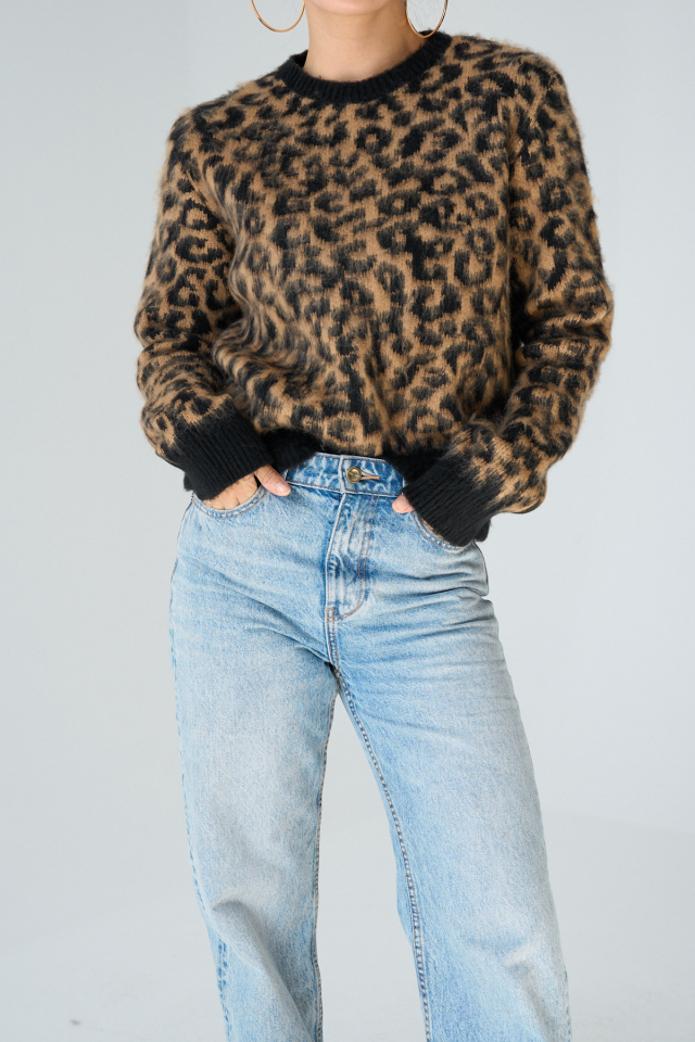 Kadın Camel Bisiklet Yaka Leopar Desen Kazak Standart