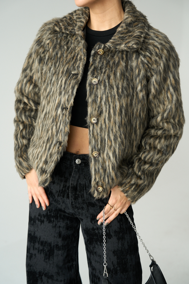 Kadın Camel Leopar Desenli Yakalı Ceket