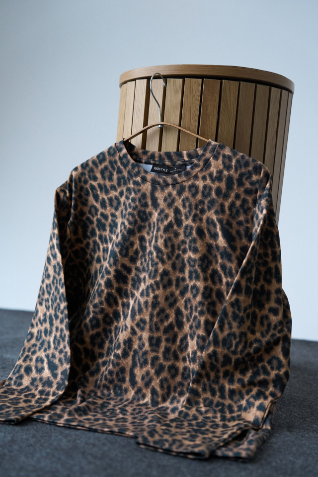 Kadın Kahve Bisiklet Yaka Leopar Desenli Oversize Bluz L