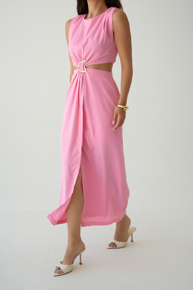 Kadın Kayık Yaka Toka Detaylı Cut Out Elbise Pembe - L