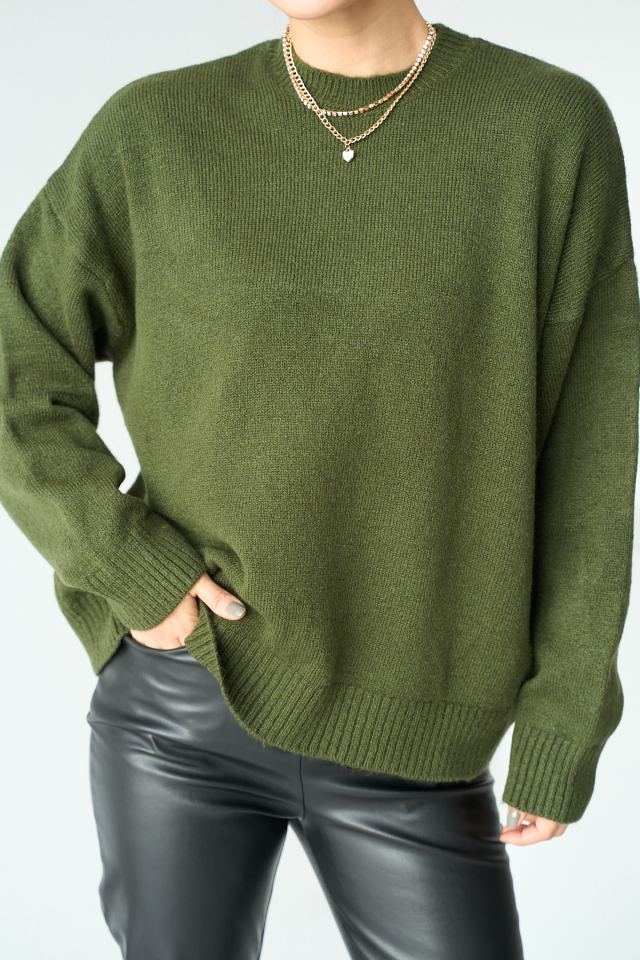 Kadın Haki Bisiklet Yaka Oversize Basic Kazak
