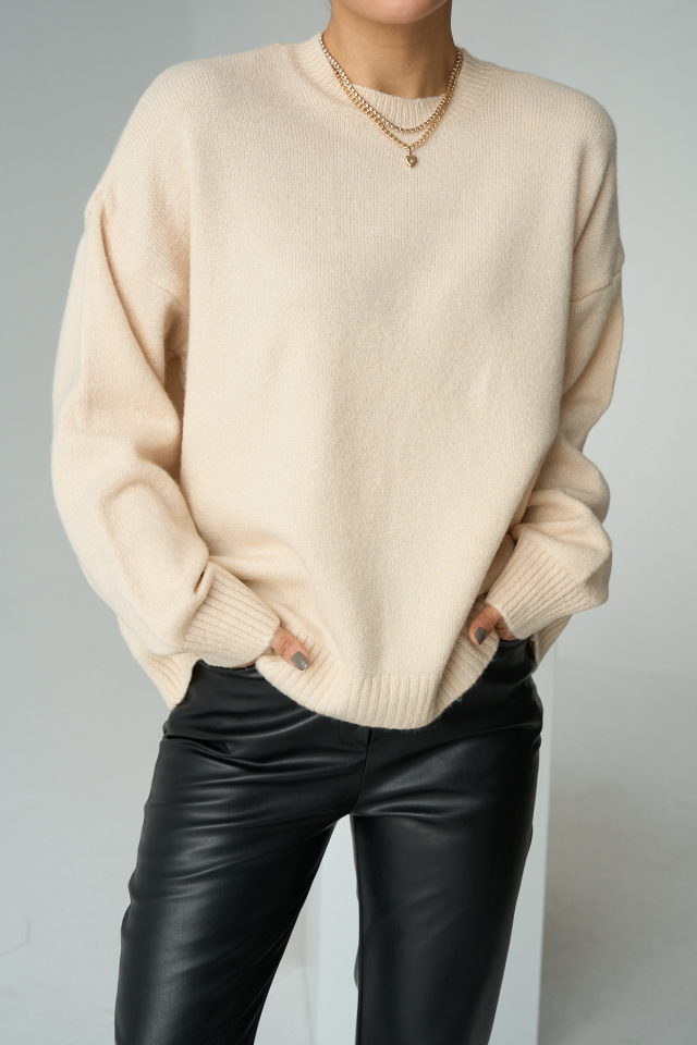 Kadın Krem Bisiklet Yaka Oversize Basic Kazak