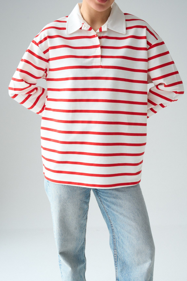 Kadın Polo Yaka Çizgili Premium Doku Oversize Sweatshirt Kırmızı - Standart