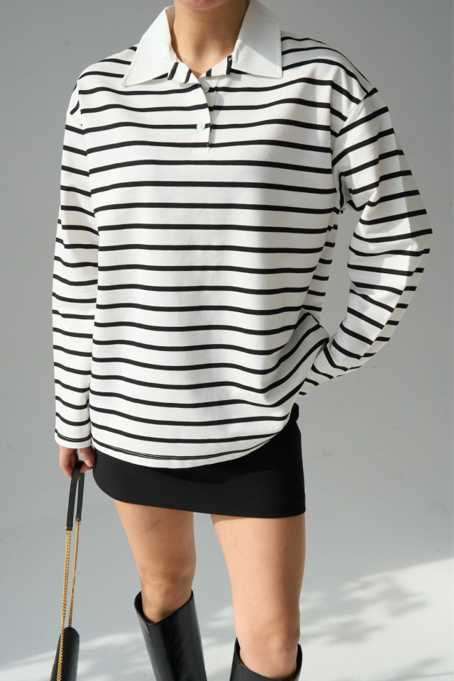 Kadın Polo Yaka Çizgili Premium Doku Oversize Sweatshirt Siyah - Standart