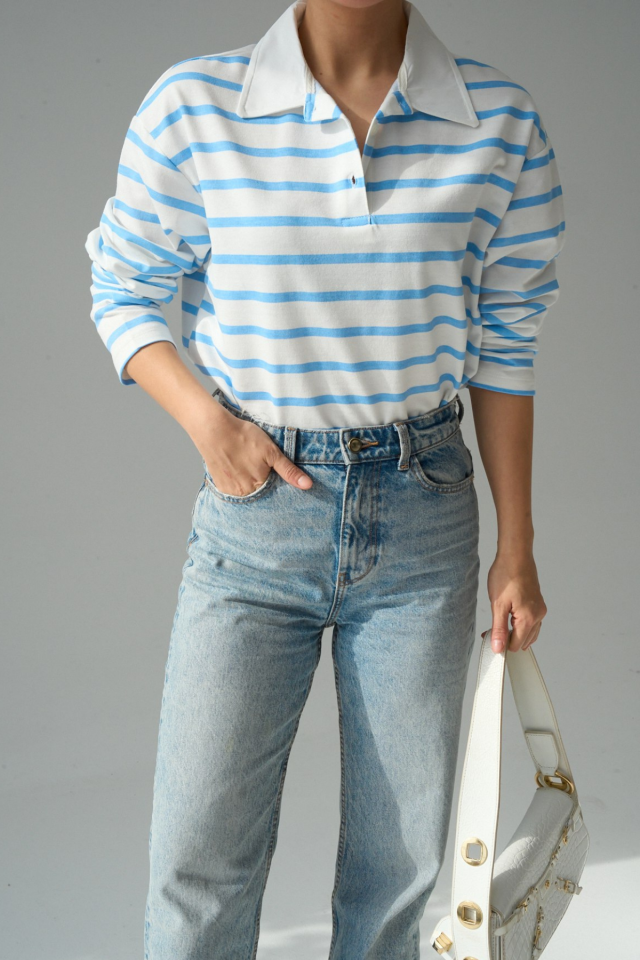Kadın Polo Yaka Çizgili Premium Doku Oversize Sweatshirt Mavi - Standart
