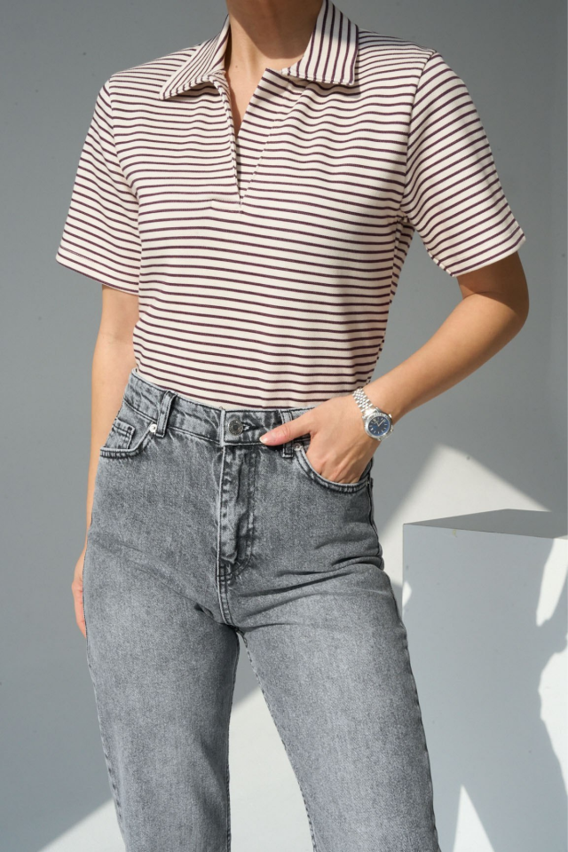 Kadın Polo Yaka Çizgili Basic Tişört Bordo - S