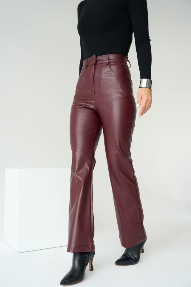 Women's High Waist Vegan Faux Leather Pants Burgundy - L