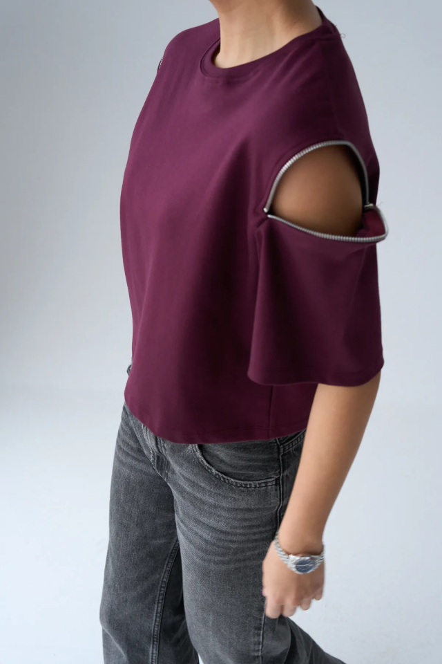 Kadın Bisiklet Yaka Kolları Fermuarlı Basic Tişört Bordo - Standart