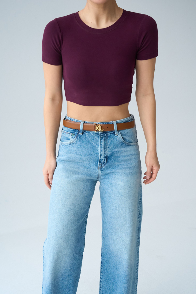 Kadın Bisiklet Yaka Basic Crop Tişört Bordo - L