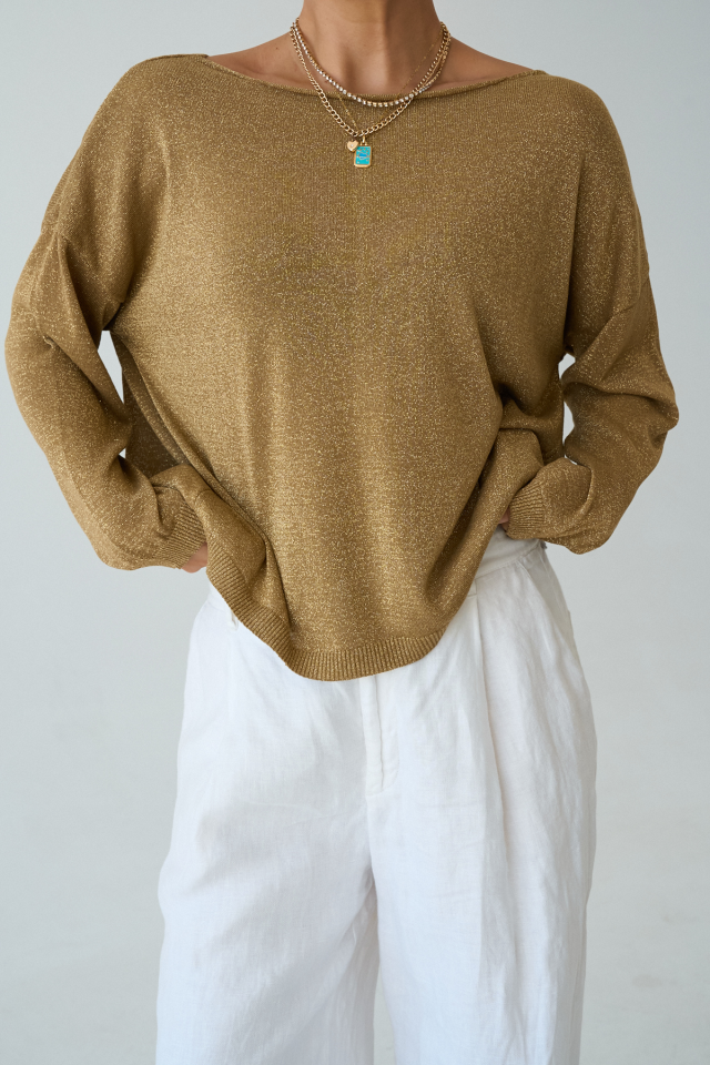 Kadın Kayık Yaka Gold Simli Oversize Triko Bluz Gold - Standart