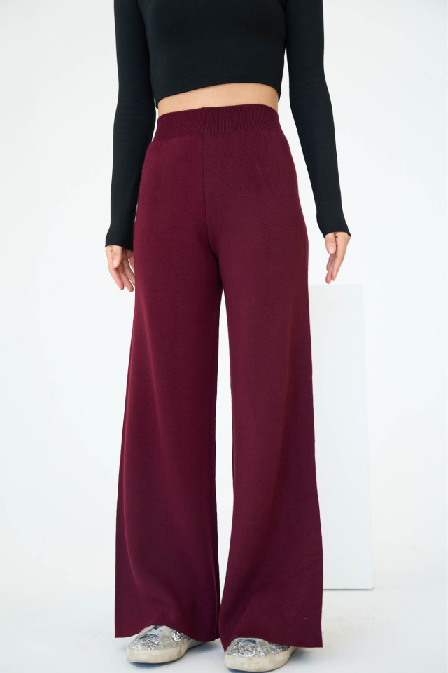 Kadın Yüksek Bel Geniş Kesim Triko Pantolon Bordo - Standart