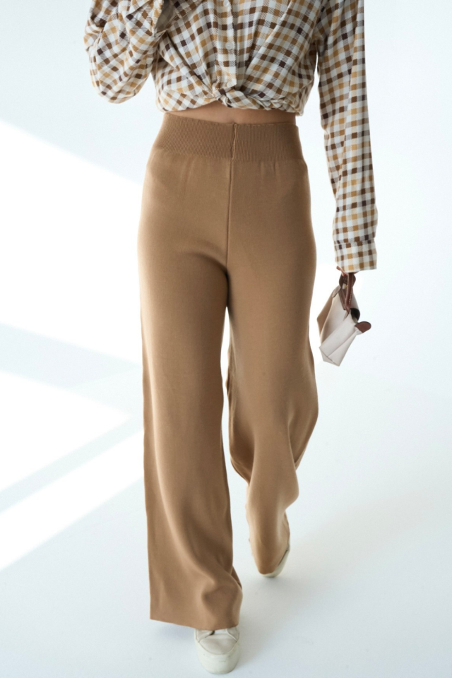 Kadın Yüksek Bel Geniş Kesim Triko Pantolon Camel - Standart