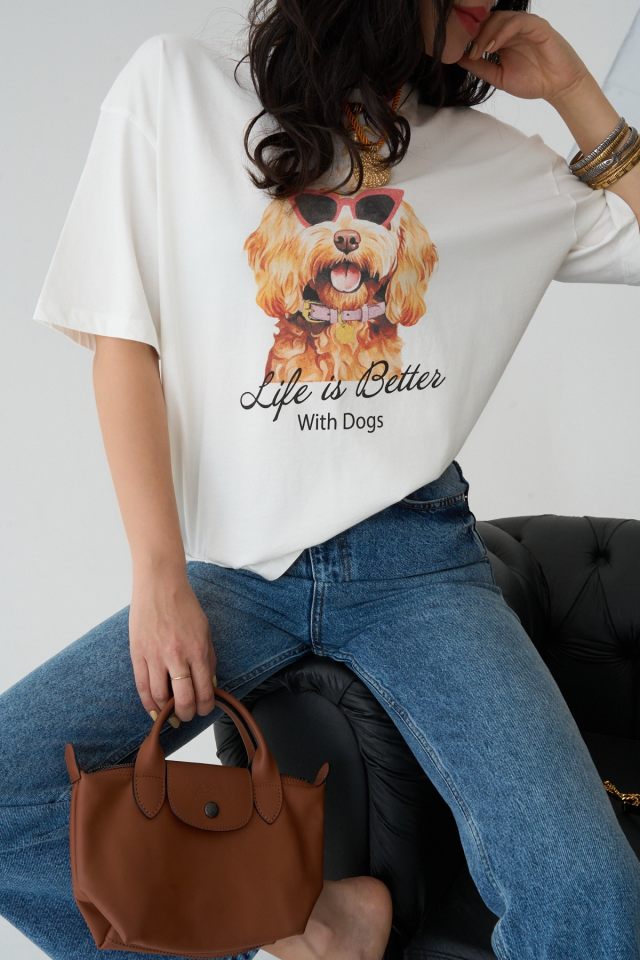 Kadın Bisiklet Yaka Köpek Baskılı Oversize Tişört Beyaz - Standart
