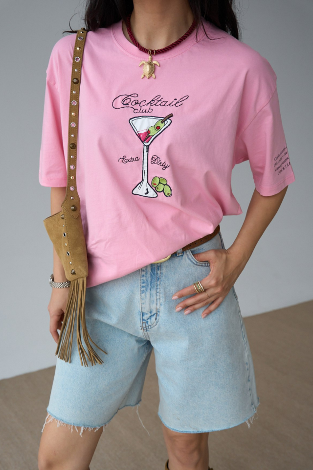 Kadın Pembe Bisiklet Yaka Baskılı Oversize Tişört Pembe - Standart