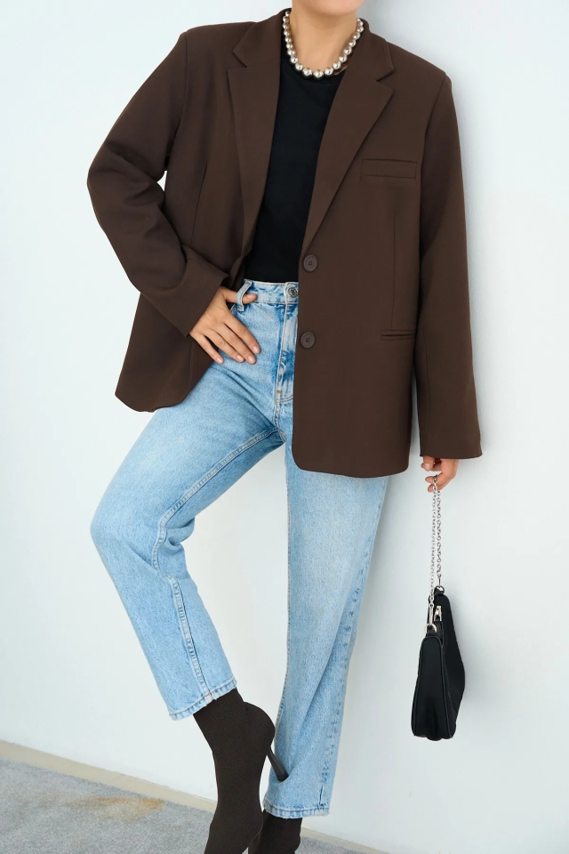 Kadın Acı Kahve Kruvaze Yaka Çift Düğmeli Blazer Acı Kahve - Standart