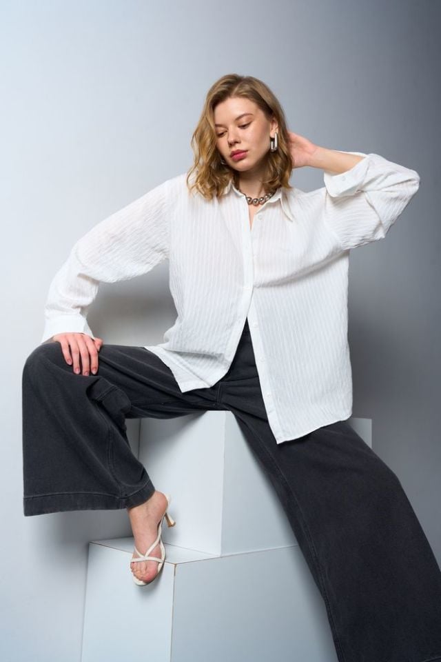 Kadın Beyaz İnci Çizgili Basic Oversize Gömlek Beyaz - S