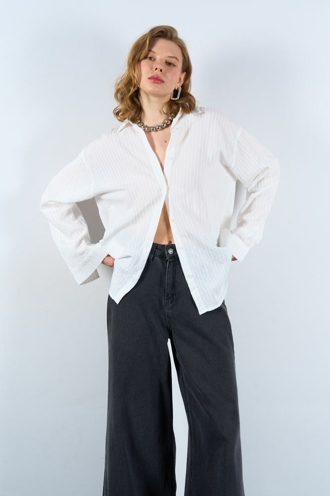 Kadın Beyaz İnci Çizgili Basic Oversize Gömlek Beyaz - S