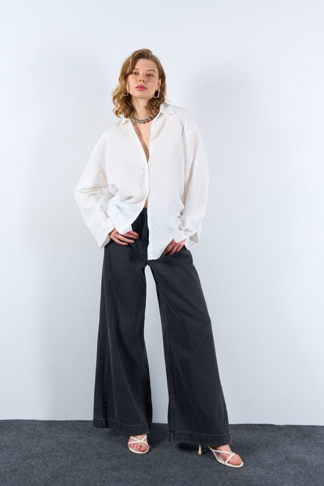Kadın Beyaz İnci Çizgili Basic Oversize Gömlek Beyaz - S