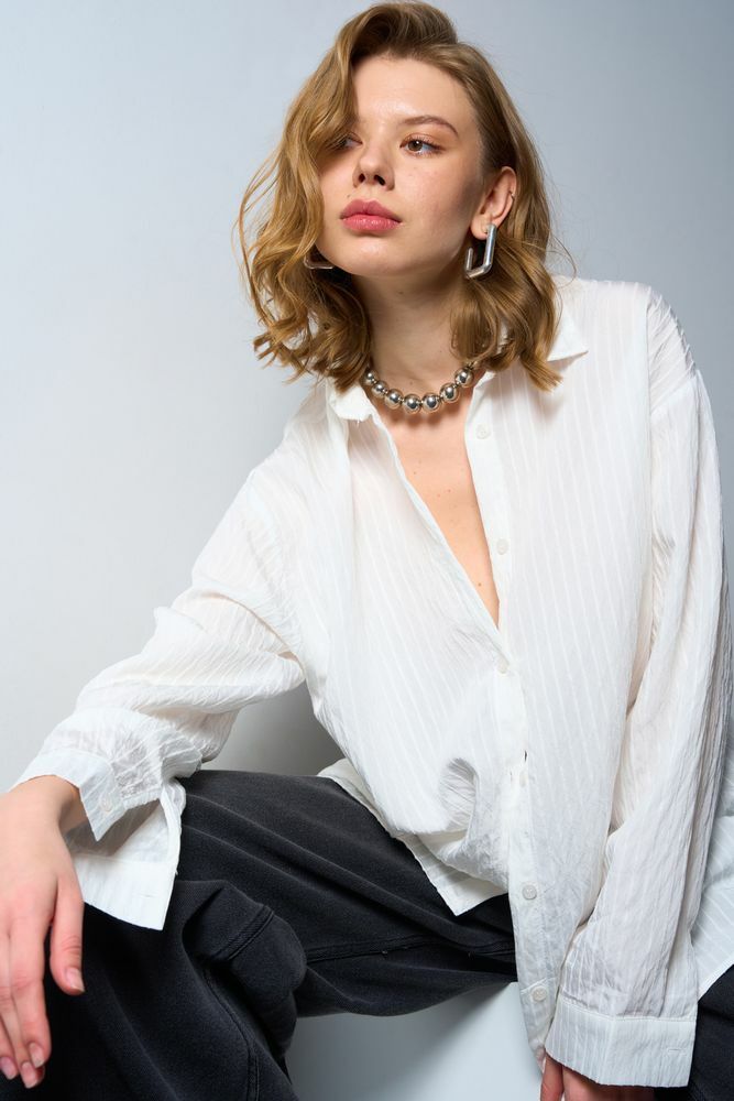 Kadın Beyaz İnci Çizgili Basic Oversize Gömlek Beyaz - S