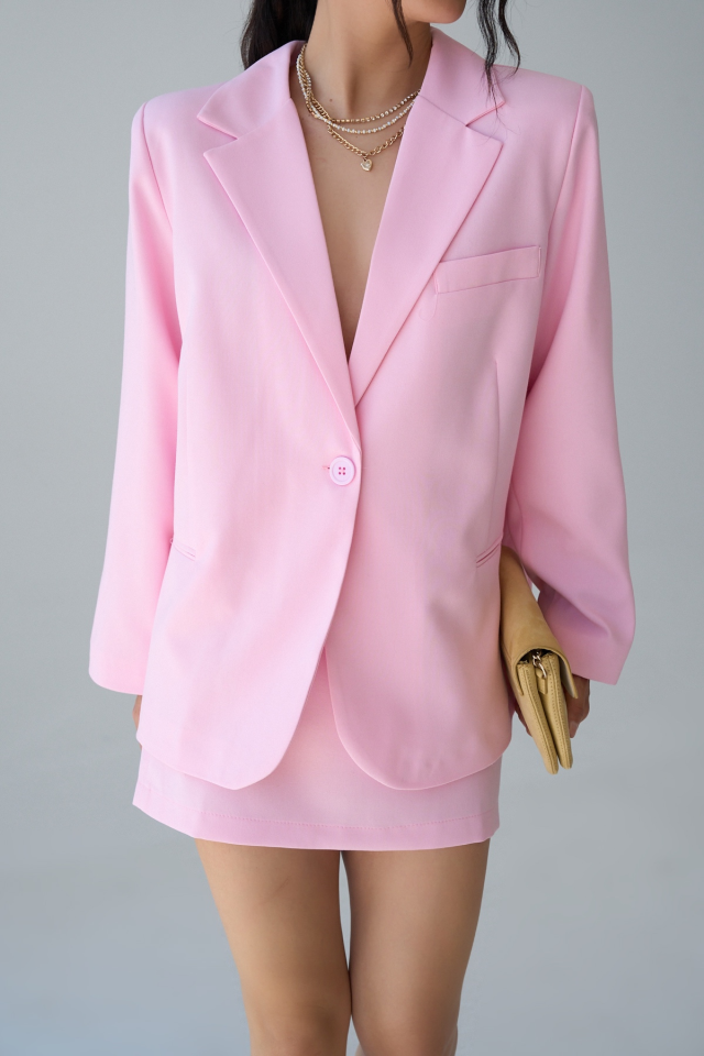 Kadın Kruvaze Yaka Tek Düğme Detaylı Oversize Blazer Ceket Pembe - Standart