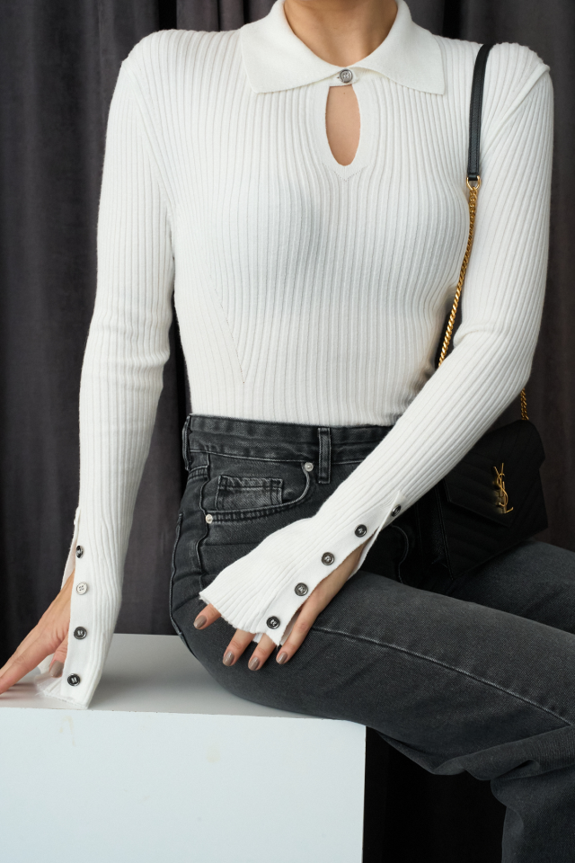 Kadın Polo Yaka Kolları Düğme Detaylı Bluz Krem - Standart