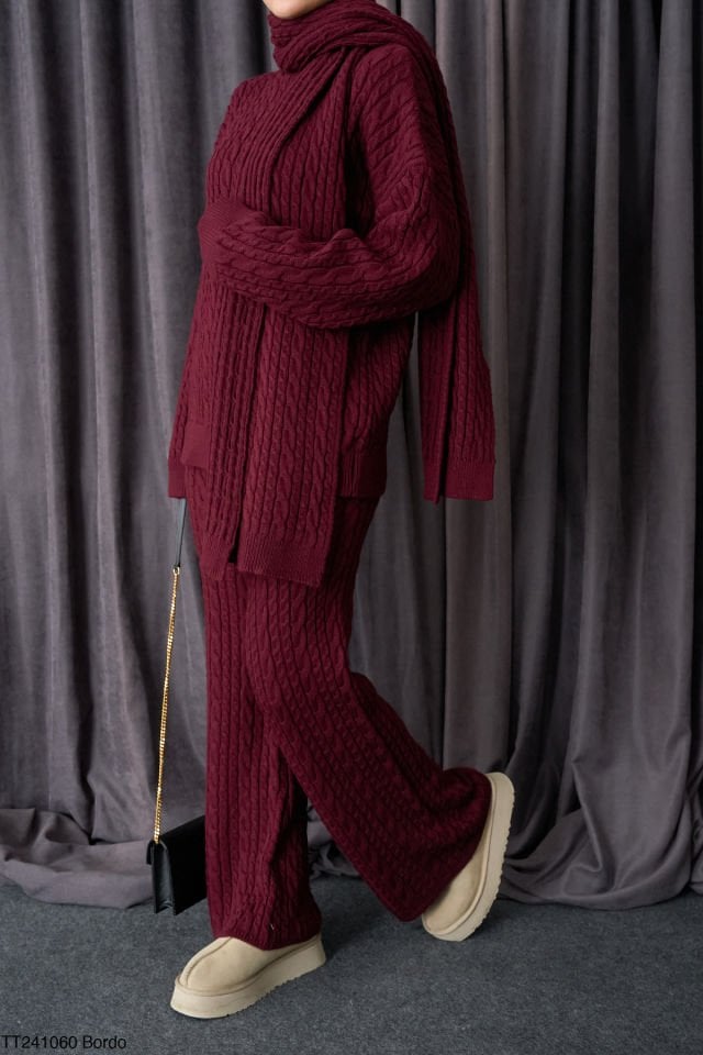 Kadın Bordo Atkılı Saç Örgülü Premium Pamuklu 3'lü Takım Bordo - Standart