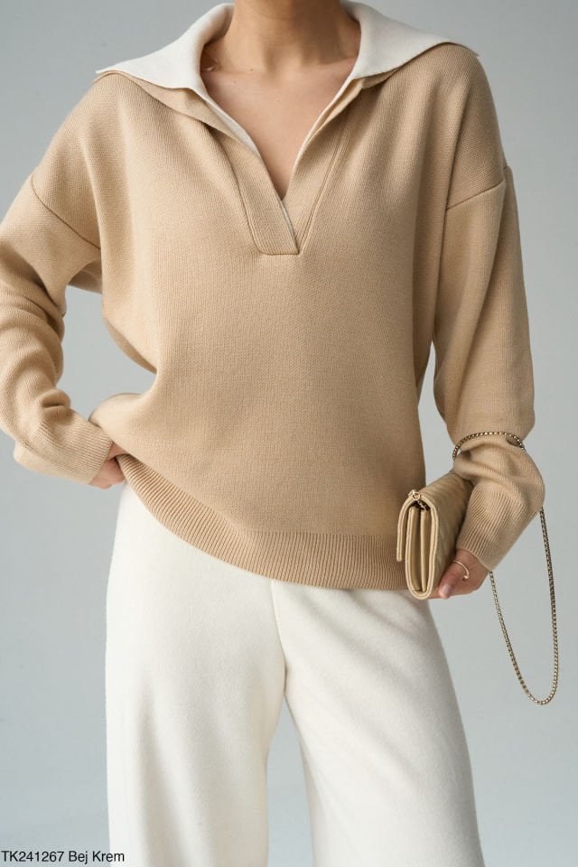 Kadın Polo Yaka Çift Renk Oversize Premium Kazak Bej - Standart