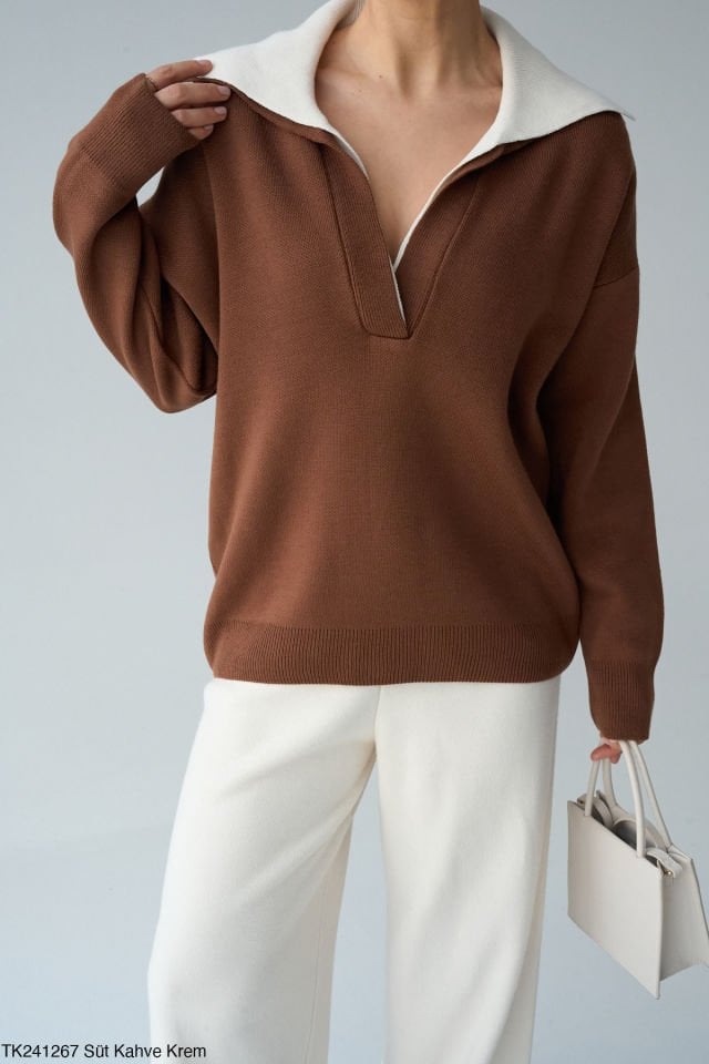 Kadın Polo Yaka Çift Renk Oversize Premium Kazak Kahverengi - Standart