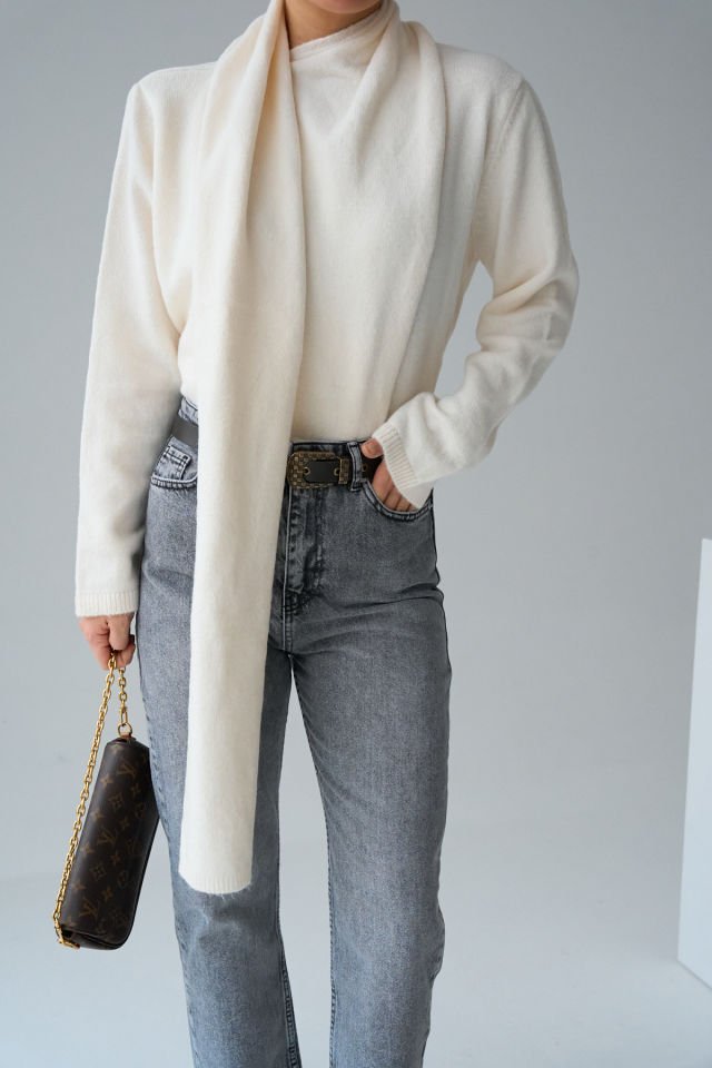 Kadın Şal Atklı Oversize Kazak Krem - Standart